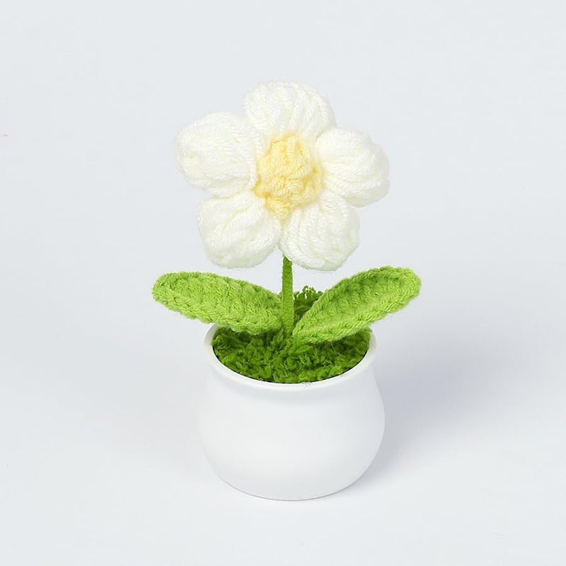 زهور كروشيه صناعية من البلاستيك 1 قطعة لزينة مكتب السيارة، زينة منزلية، مكتب، غرفة نوم، زينة عيد الميلاد، زفاف، ديوالي (دaisy بيضاء واحدة مع وعاء)