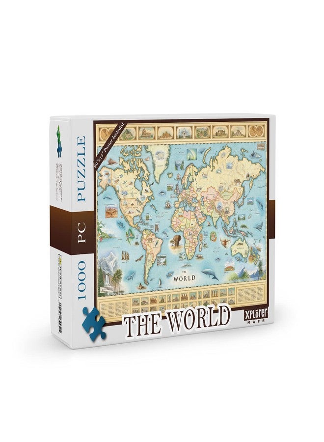 Xplorer Maps The World Map Cardboard Jigsaw Puzzle - 1000 Pieces Hand-Illustrated - Educational, Family Activity, Ages 8+, Includes Poster - 25.4 x 19.8 - Image 1