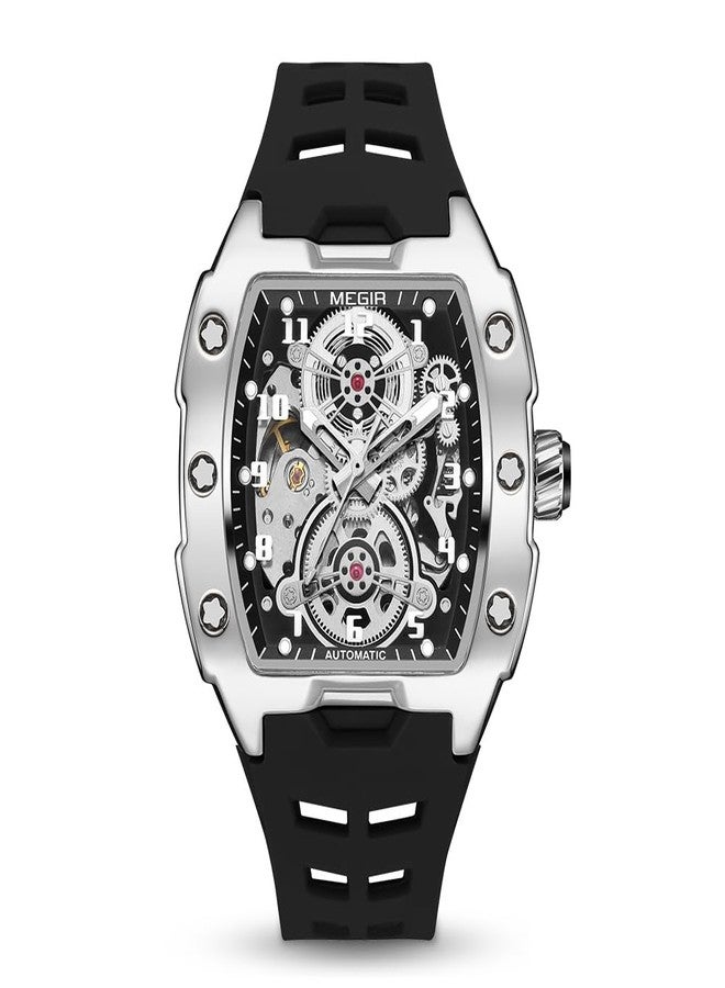 MEGIR Automatic Mechanical Men Watch, Silicone Band, 43x50mm Alloy Case, 3ATM Water Resistant, Luminous Hands, Black - Image 1