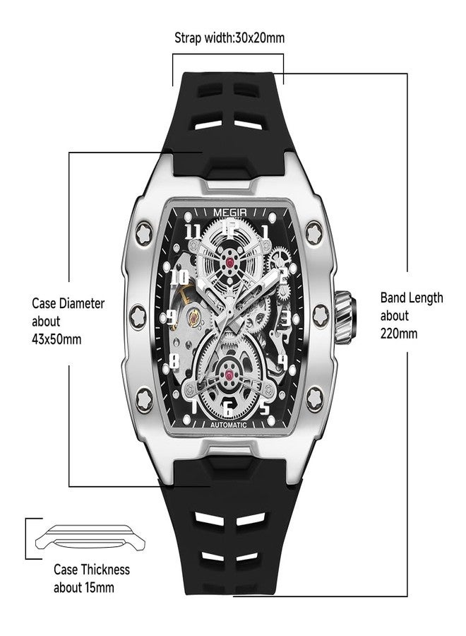 MEGIR Automatic Mechanical Men Watch, Silicone Band, 43x50mm Alloy Case, 3ATM Water Resistant, Luminous Hands, Black - Image 4