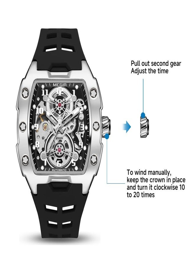 MEGIR Automatic Mechanical Men Watch, Silicone Band, 43x50mm Alloy Case, 3ATM Water Resistant, Luminous Hands, Black - Image 3
