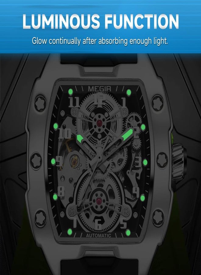 MEGIR Automatic Mechanical Men Watch, Silicone Band, 43x50mm Alloy Case, 3ATM Water Resistant, Luminous Hands, Black - Image 5