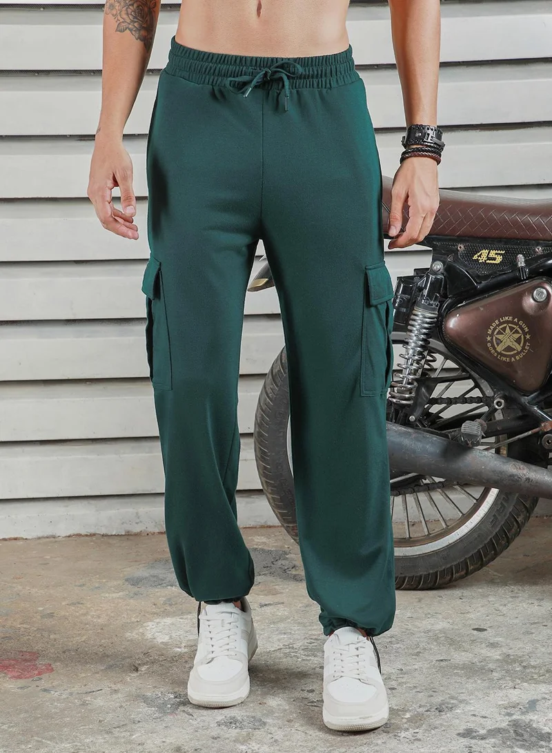هاي ستار Men's Dark Green 100% Polyester Printed Full Length Casual Jogger Straight Fit Trouser