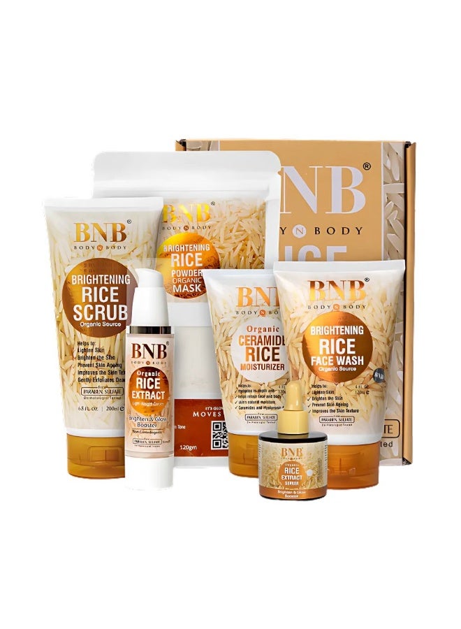 بي ان بي مجموعة BNB للعناية بالبشرة بالأرز  مجموعة كاملة للعناية بالبشرة مكونة من 6 قطع تشمل غسول الوجه، مقشر، سيروم، قناع، كريم، ومرطب