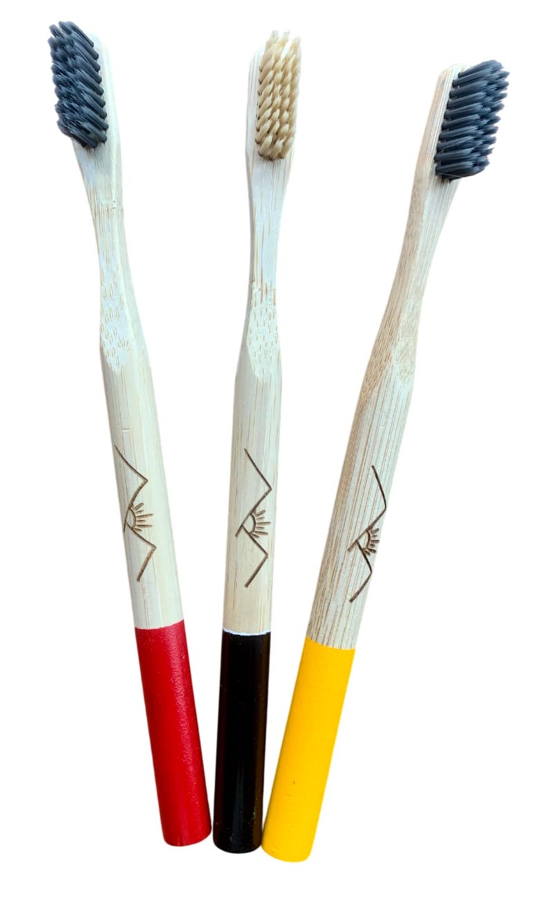 NTS Benign Bamboo Collection- Round & Painted Handle Bamboo Toothbrush With Soft Nylon Bristles & Exclusive Engraving, Set of 3 (Red, Yellow & Black, Regular) - Image 1