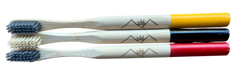 NTS Benign Bamboo Collection- Round & Painted Handle Bamboo Toothbrush With Soft Nylon Bristles & Exclusive Engraving, Set of 3 (Red, Yellow & Black, Regular) - Image 4
