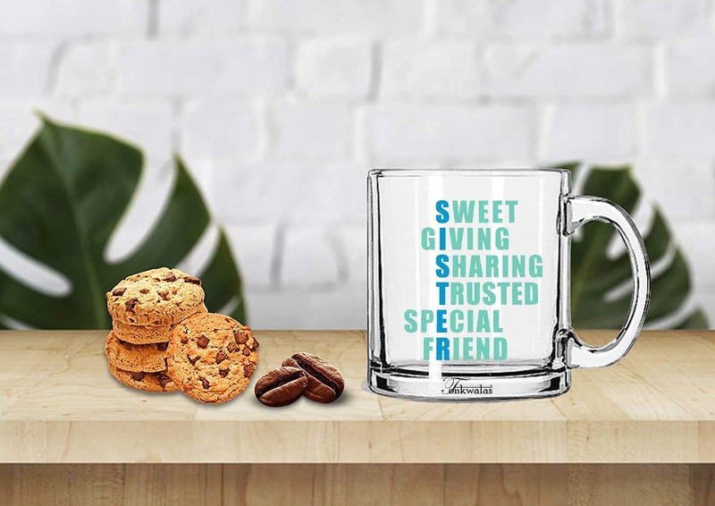 TONKWALAS Sister Meaning Printed Transparent Glass Coffee and Tea Mug Perfect Gifts for Rakhi Gift for Sister Birthday (325 ML) - Image 2