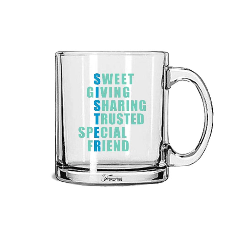 TONKWALAS Sister Meaning Printed Transparent Glass Coffee and Tea Mug Perfect Gifts for Rakhi Gift for Sister Birthday (325 ML) - Image 5