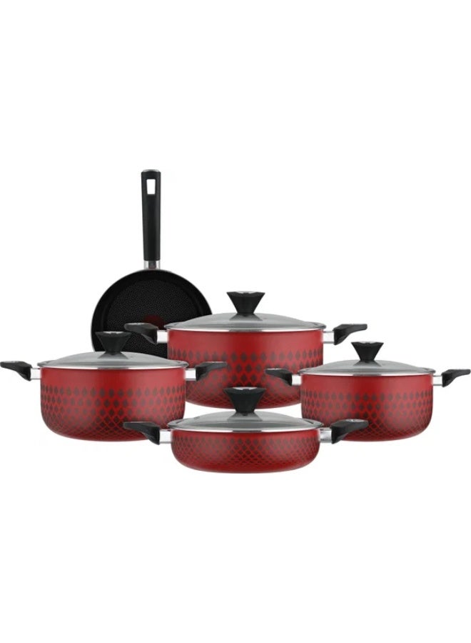 Cookware Set, 9 Pieces, Glass Lid - Red/Black - Image 2