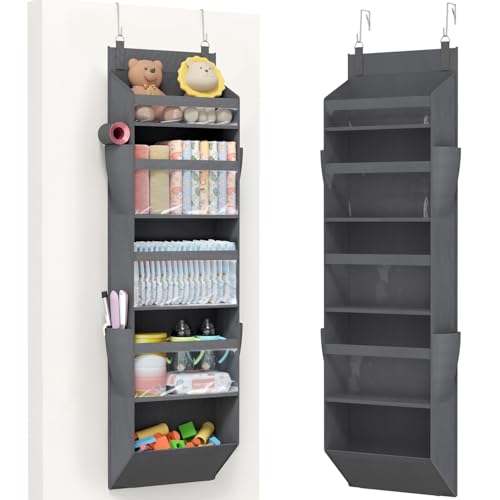 Lifewit 1 Pack Over the Door Organizer 5 Section Clear Window Hanging Storage with 4 Side Pockets Sturdy Anti Tilt 40 lbs Load Behind Door for Closet Bedroom Bathroom Nursery Dorm Dark Gray - Image 1