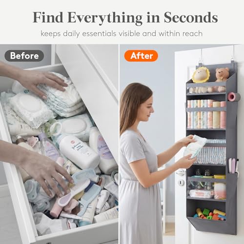 Lifewit 1 Pack Over the Door Organizer 5 Section Clear Window Hanging Storage with 4 Side Pockets Sturdy Anti Tilt 40 lbs Load Behind Door for Closet Bedroom Bathroom Nursery Dorm Dark Gray - Image 3