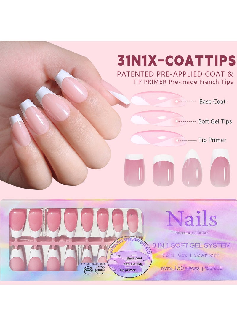 general French Gel Nail Tips, 150 Medium Coffin Snap Soft Gel Fake Nails, 3-in-1 Coat, Pre-applied X-Coats  Primer, 15 Sizes of Nail Extensions No File Required - Image 2