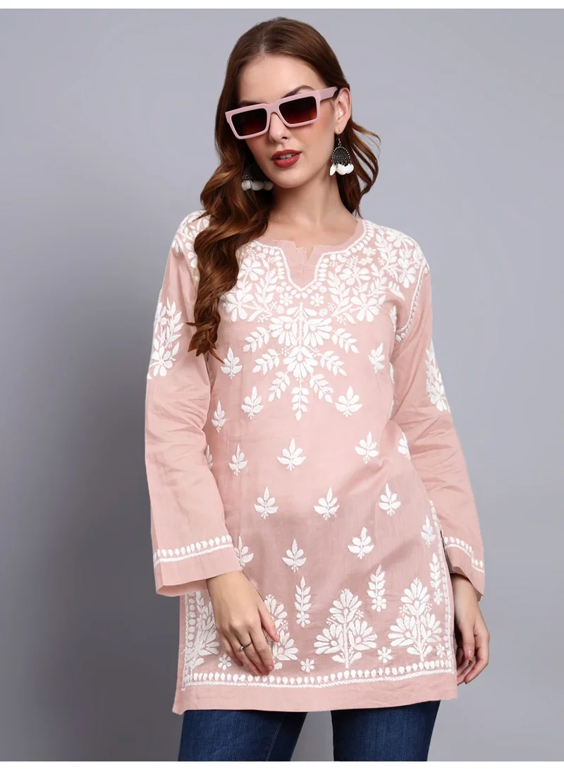 Alaya Peach Women Hand Embroidered Chikankari Cotton Short Top -AL3724 for Women | Best Price UAE