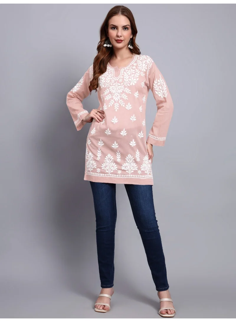 Alaya Peach Women Hand Embroidered Chikankari Cotton Short Top -AL3724 for Women | Best Price UAE