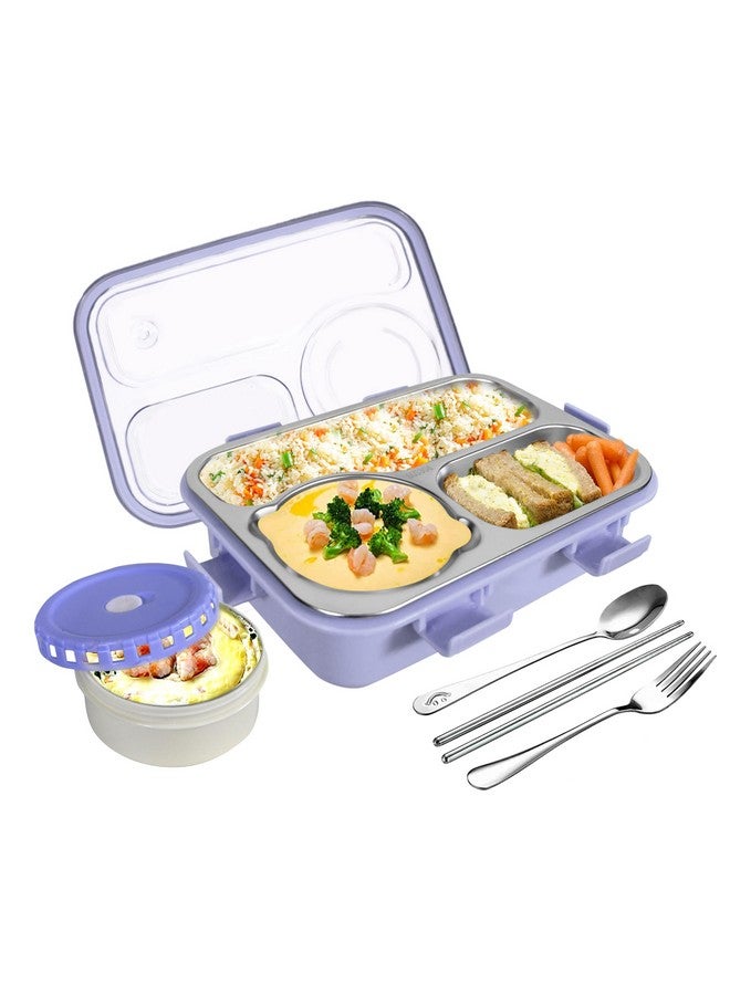TEC TAVAKKAL Lunch Box 3 Compartment Leak-Proof BPA Free Stainless Steel, Lunch Box for Kids, Lunch Box for School & Office with a Fork, a Spoon and a Pair of Chopsticks (Purple), 750 ml - Image 1