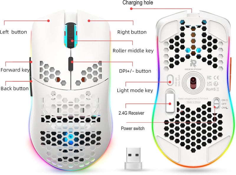 فأرة ألعاب لاسلكية من ROCK POW، نوع Honeycomb Ultralight 6 قابلة للبرمجة، تحتوي على 4 أزرار للتحكم في السرعة ومؤشر DPI قابل للتعديل، مصممة بشكل إيكولوجي، مزودة بإضاءة خلفية RGB، وقابلة لإعادة الشحن، مناسبة لأجهزة اللابتوب والكمبيوتر والـ PC والـ MAC. - Image 2