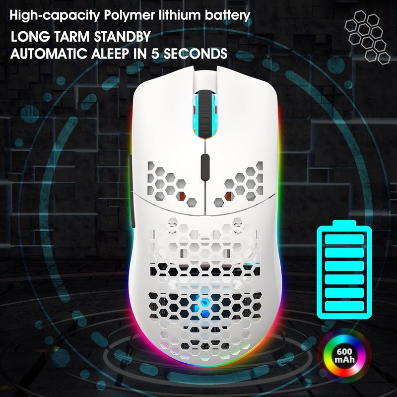 فأرة ألعاب لاسلكية من ROCK POW، نوع Honeycomb Ultralight 6 قابلة للبرمجة، تحتوي على 4 أزرار للتحكم في السرعة ومؤشر DPI قابل للتعديل، مصممة بشكل إيكولوجي، مزودة بإضاءة خلفية RGB، وقابلة لإعادة الشحن، مناسبة لأجهزة اللابتوب والكمبيوتر والـ PC والـ MAC. - Image 5