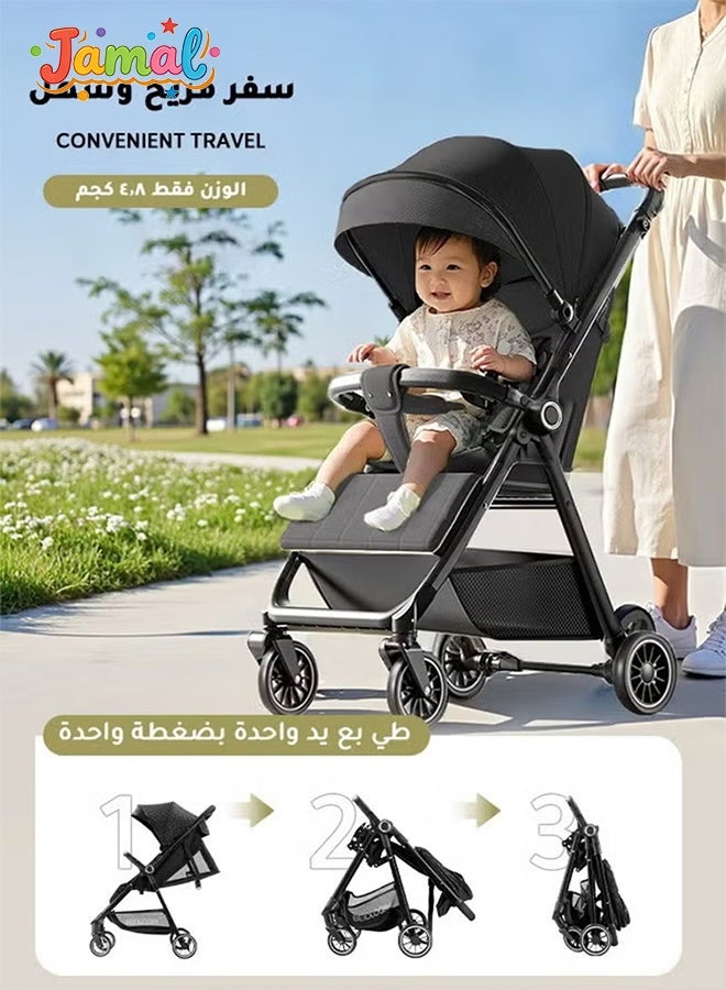 Jamal Lightweight Reversible Travel Stroller｜High Landscape Design｜Only 4.8kg, One-Click Fold｜360° Shock-Absorbing Wheels｜Multi-Position Recline｜For 0–4 Years｜Cabin-Friendly Black Single Stroller - Image 4