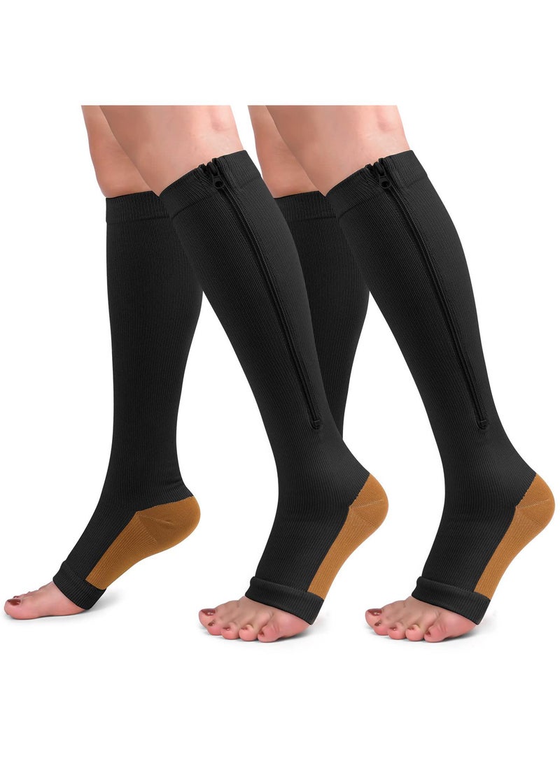 Sweet seven 2 Pairs Copper Zipper Compression Socks - 15-20mmHg Open Toe Calf and Knee High Support - Image 1
