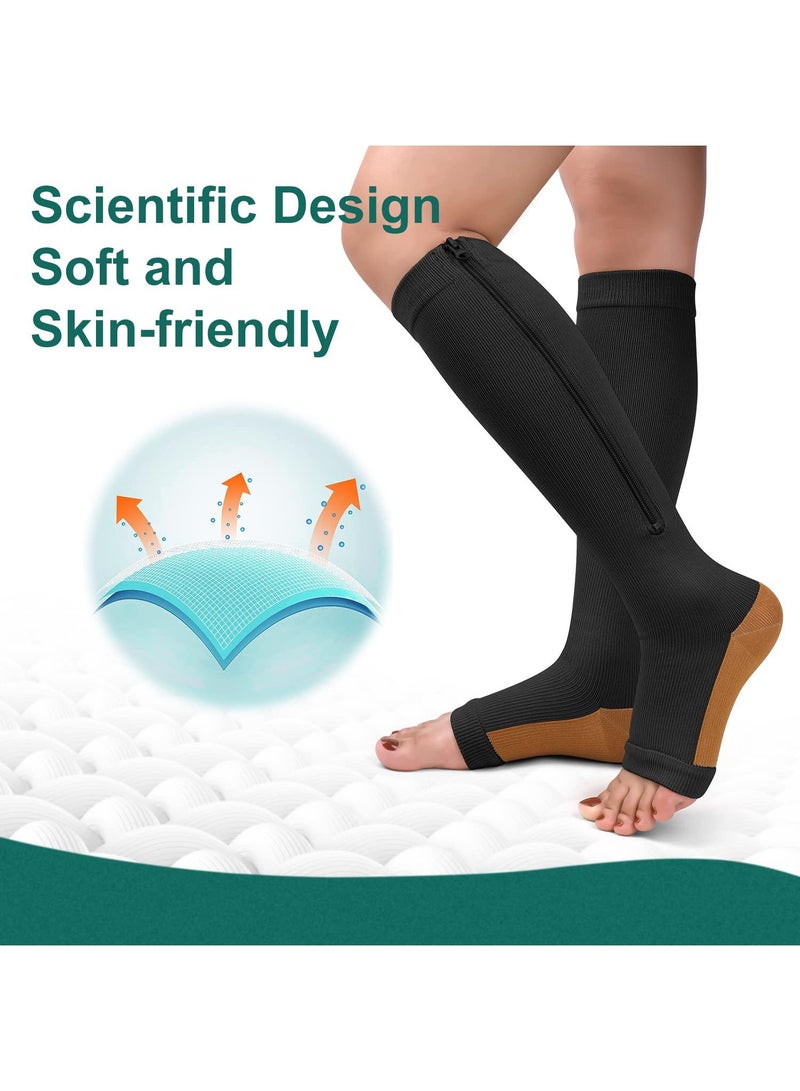Sweet seven 2 Pairs Copper Zipper Compression Socks - 15-20mmHg Open Toe Calf and Knee High Support - Image 2