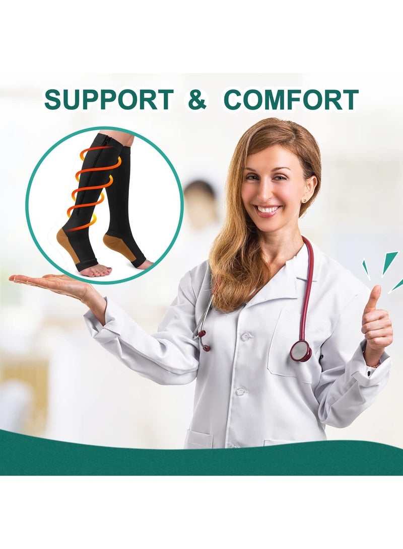 Sweet seven 2 Pairs Copper Zipper Compression Socks - 15-20mmHg Open Toe Calf and Knee High Support - Image 3