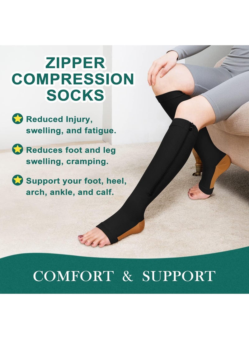 Sweet seven 2 Pairs Copper Zipper Compression Socks - 15-20mmHg Open Toe Calf and Knee High Support - Image 5