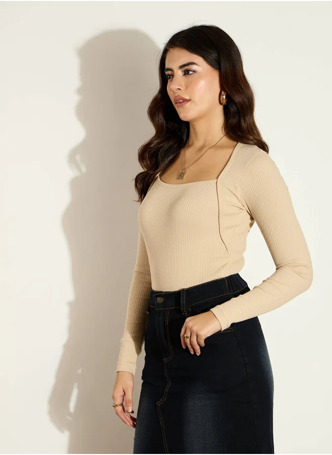 ساسافراس Ribbed Square Neck Long Sleeves Top