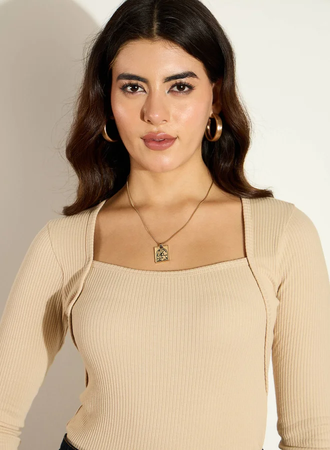 SASSAFRAS Ribbed Square Neck Long Sleeves Top