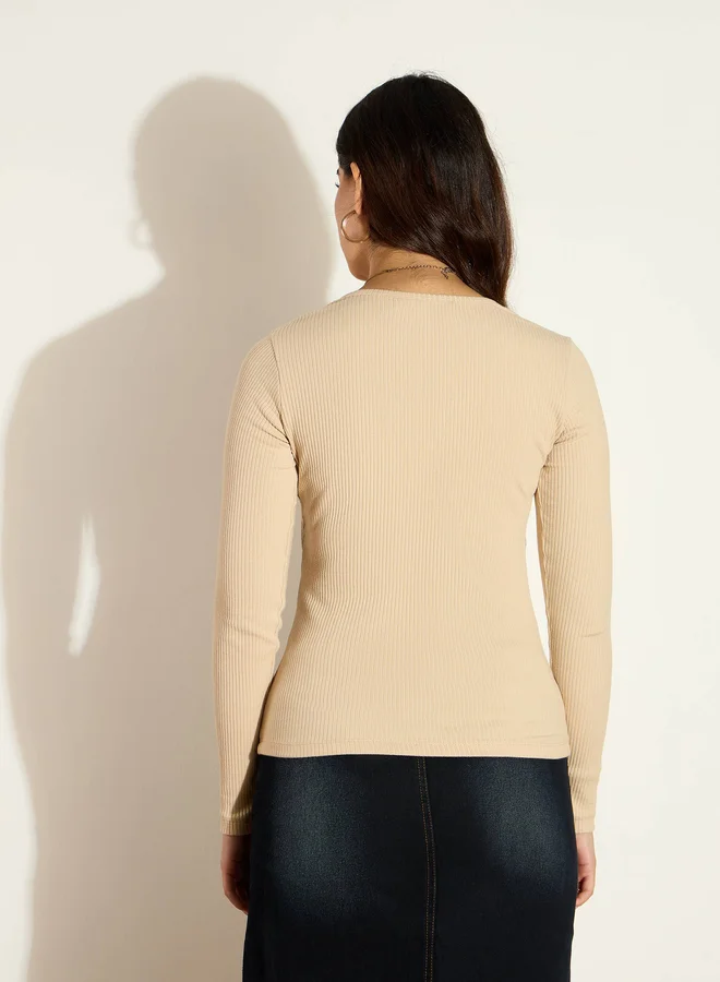 SASSAFRAS Ribbed Square Neck Long Sleeves Top