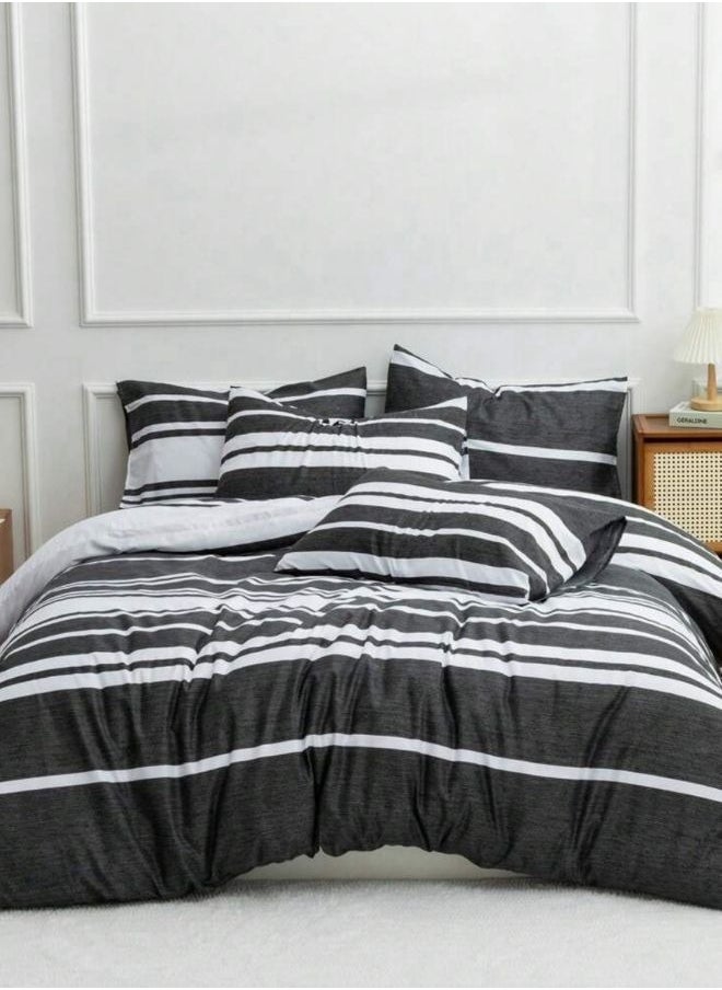 LUNA Home King Size 6 Pieces Black Stripe Design Bedding Set  - Image 1