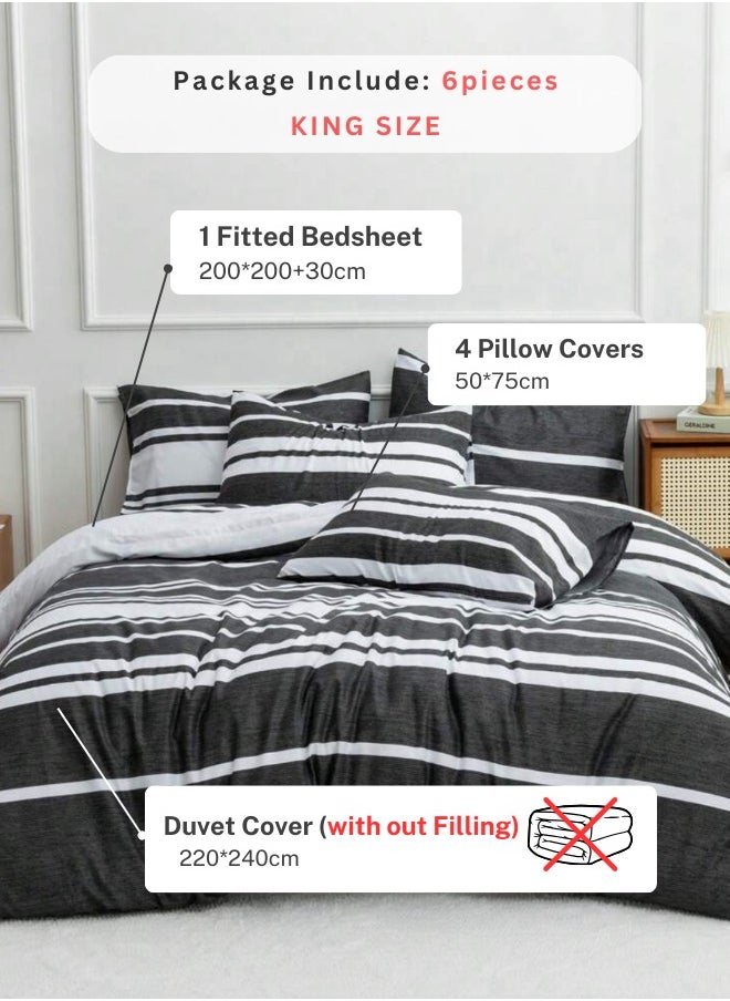 LUNA Home King Size 6 Pieces Black Stripe Design Bedding Set  - Image 2