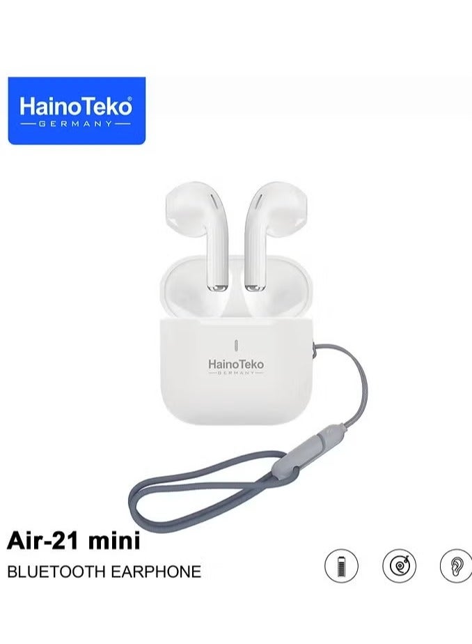 Haino Teko Wireless AIR-21 In-Ear Bluetooth Earphones with Free Cover & Hook – Premium Sound Quality, Comfortable Fit, and Secure Design – Original Quality, Compatible with iOS & Android Devices – White, Ideal for Sports, Music, and Calls - Image 2