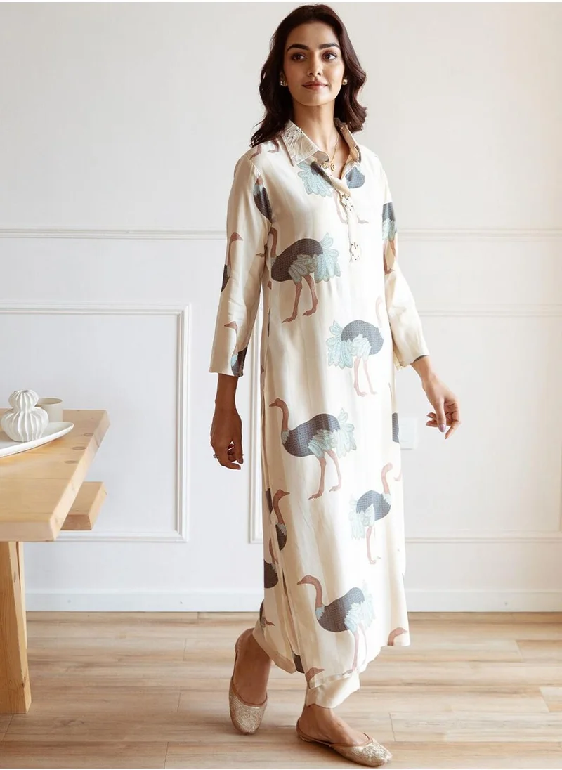 ISHIN Regular Fit Embellished Pattern Round Neck Neck Three-Quarter Sleeve Cream Colour Knitted Rayon Kurta Set for Women with Mid-Rise Closure - A Timeless Addition to Your Collection