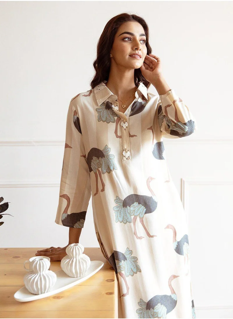 آي شين Regular Fit Embellished Pattern Round Neck Neck Three-Quarter Sleeve Cream Colour Knitted Rayon Kurta Set for Women with Mid-Rise Closure - A Timeless Addition to Your Collection