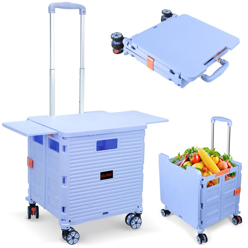 SELORSS Foldable Utility Cart Collapsible Portable Crate Rolling Carts with Wheels Tote Basket with Magnetic Lid Telescopic Cover WearResistant 360Rotate Wheel Noiseless for Shopping Storage Office Use 