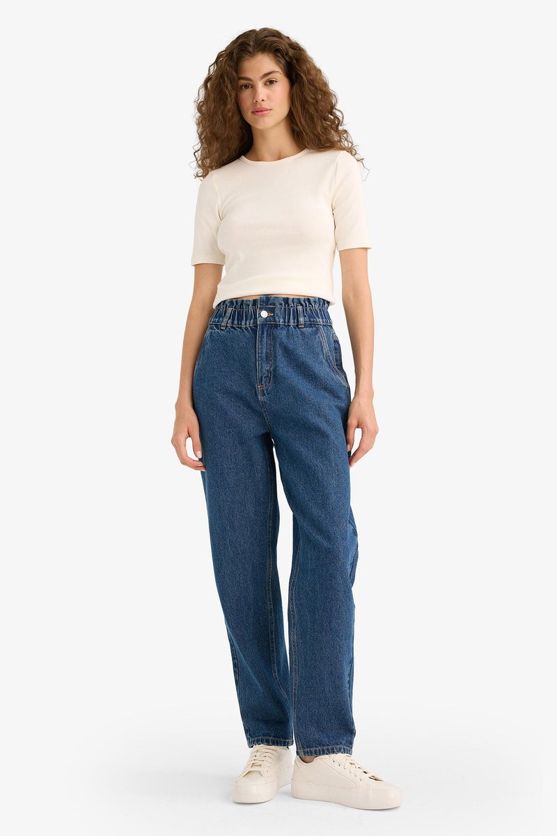DeFacto Blue Woman Paperbag High Waist Straight Leg Long Jeans Casual - Image 1