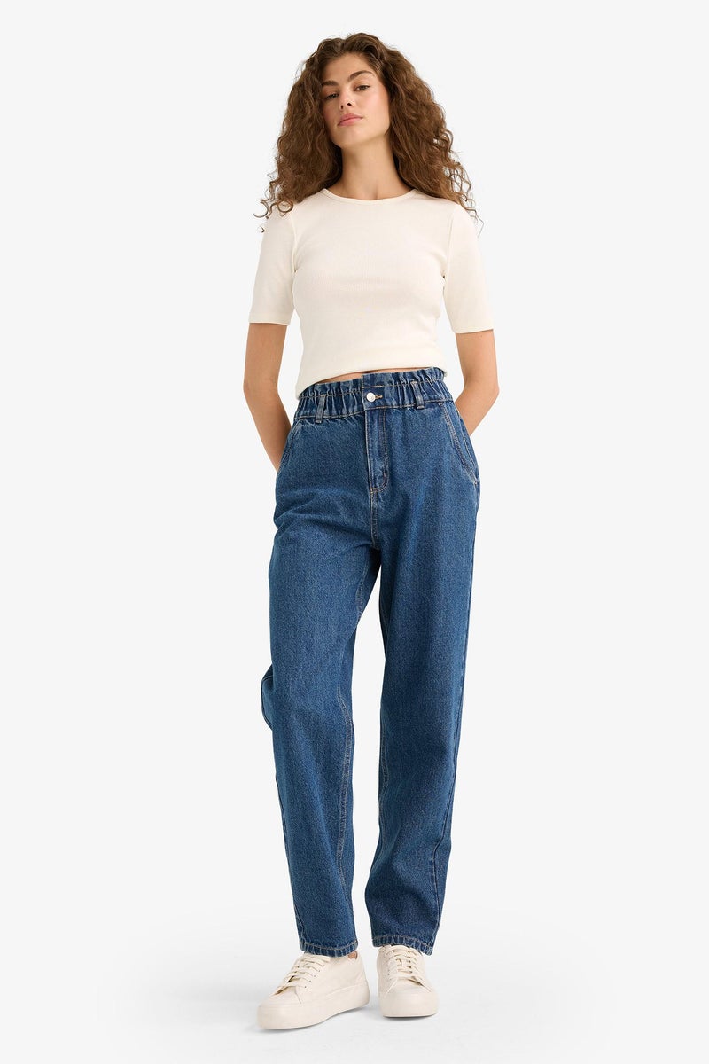 DeFacto Blue Woman Paperbag High Waist Straight Leg Long Jeans Casual - Image 2