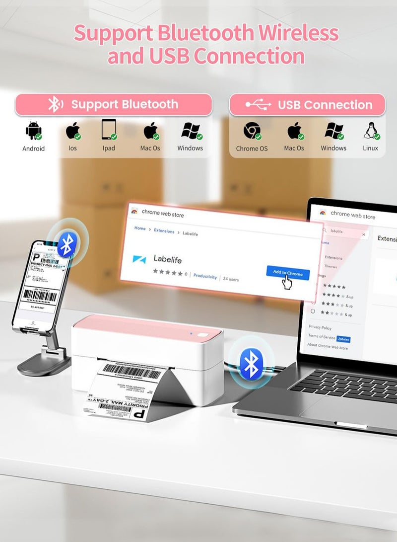 phomemo Bluetooth Thermal Label Printer, 241 Bluetooth Wireless Shipping Label Printer for Shipping Packages, Pink 4 x 6 Label Printer Compatible with Mobile Phones, Tablets and Computers - Image 2