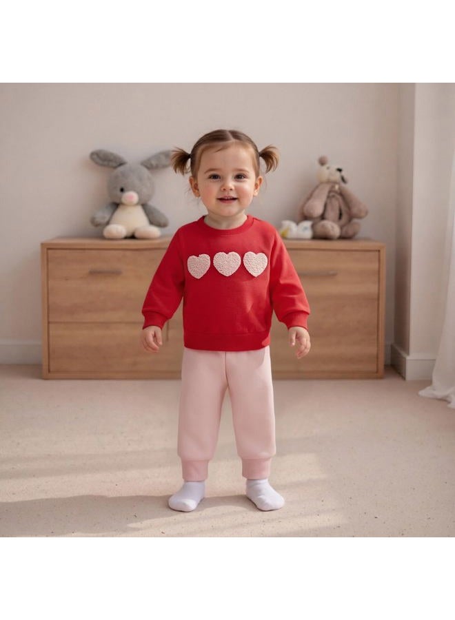 Fernvia Toddler Baby Girl Valentine's Day Outfits Heart Print Pullover Sweatshirts & Pants Set Fall Winter Clothes, Red, 12-18 Months - Image 3