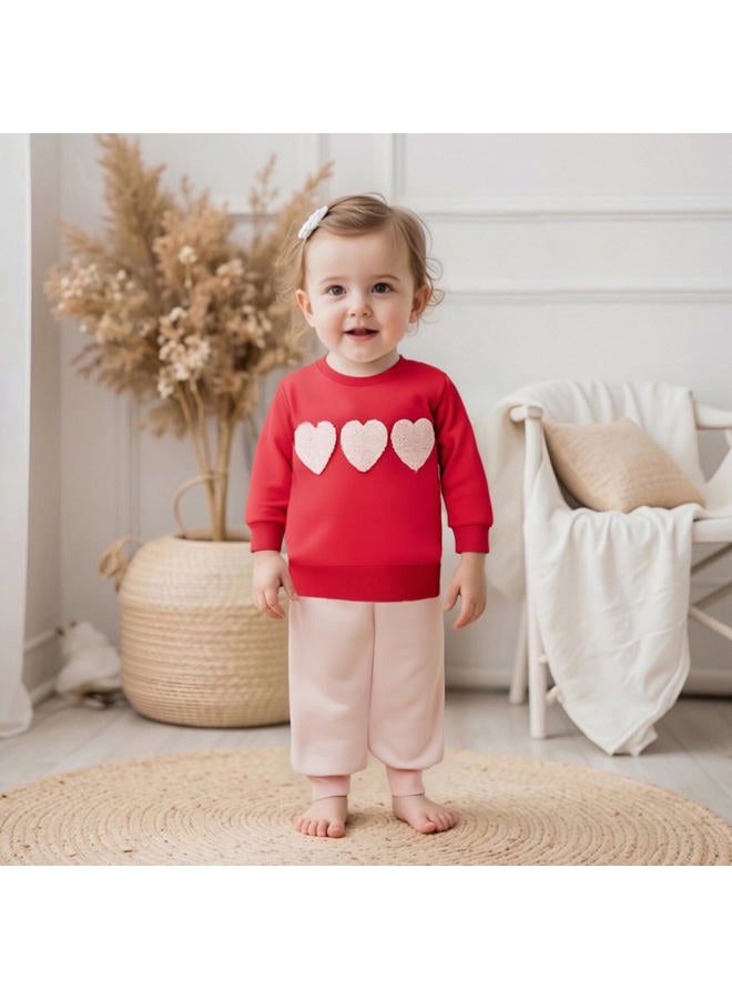 Fernvia Toddler Baby Girl Valentine's Day Outfits Heart Print Pullover Sweatshirts & Pants Set Fall Winter Clothes, Red, 12-18 Months - Image 2