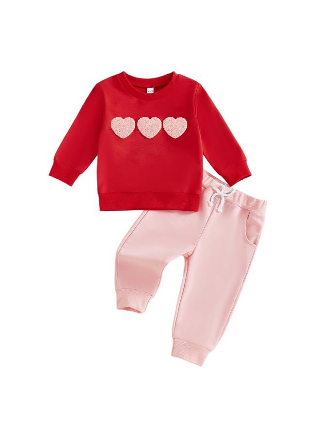 Fernvia Toddler Baby Girl Valentine's Day Outfits Heart Print Pullover Sweatshirts & Pants Set Fall Winter Clothes, Red, 12-18 Months - Image 1