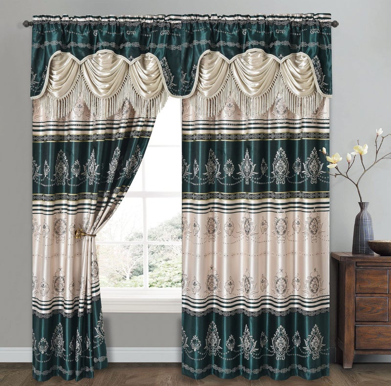 GOHD Golden Ocean Home Decor GOHD Harmony Horizon Jacquard Farmhouse Window Curtain Panel Drape with Attached Fancy Valance 2pcs Set Each pc 54 Wide x 90 Drop with 18 Valance Hunter Green