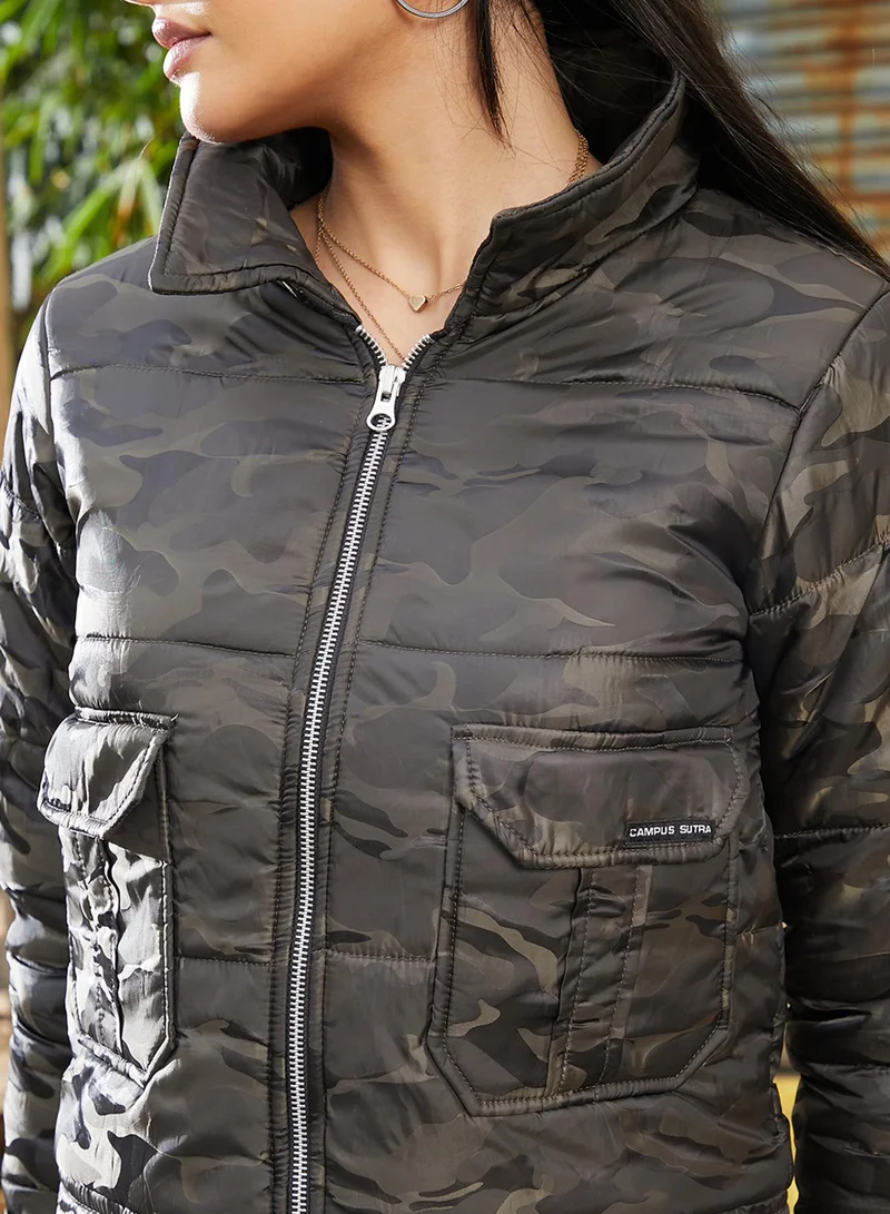Campus Sutra Women's Umber Brown Camou Bomber Jacket