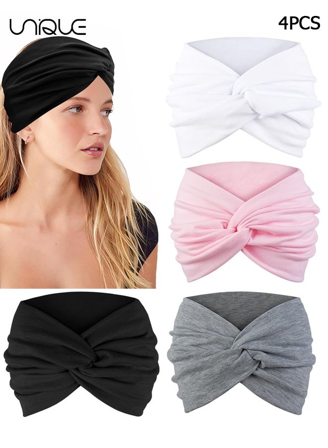 Unique 4 Pcs 7'' Wide Headbands for Women - Cotton Turban Knotted Bandana Head Bands Non Slip Boho Hair Accessories for Sports & Yoga - Comfortable and Skin-Friendly - Breathable Cotton Elastic Running Fitness Yoga Sweat Wicking Headbands, Ideal for Workouts Gym Cycling Outdoor Activities - Image 1