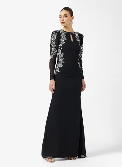 sachin and babi light blue dress Black Coast Lace Trim Detail Embroidered Mesh Midi Dress