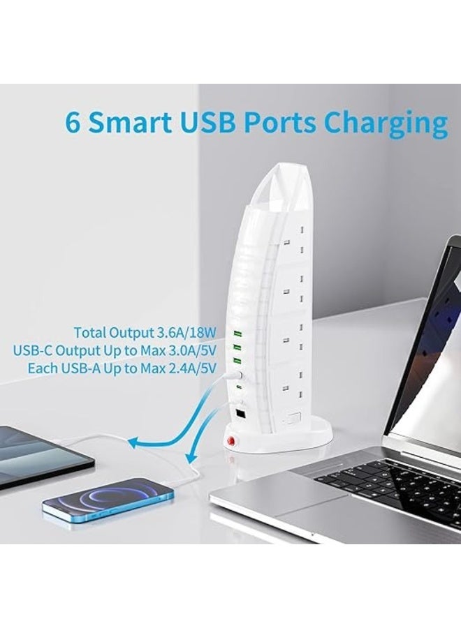 Tower Extension Lead with 8 AC Outlets, 6 USB Ports, 2 Type-C, Power Strip Surge Protector, 2M Cord, Vertical Charging Station for Home Office, 3.6A USB, Overload Protection  - Image 3
