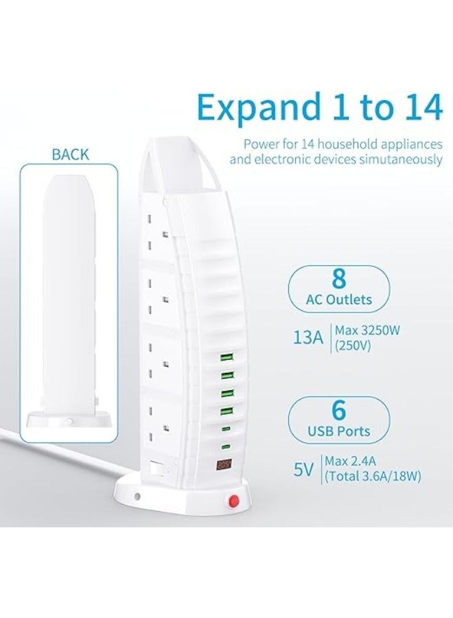 Tower Extension Lead with 8 AC Outlets, 6 USB Ports, 2 Type-C, Power Strip Surge Protector, 2M Cord, Vertical Charging Station for Home Office, 3.6A USB, Overload Protection  - Image 2