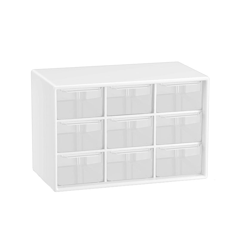 LIPCHEEGO Small Drawer Organizer for Desk, Mini Desktop Drawer Organizer with 9 Clear Drawers, Plastic Desktop Craft Storage Box for Desk Office School Home (White) - Image 1