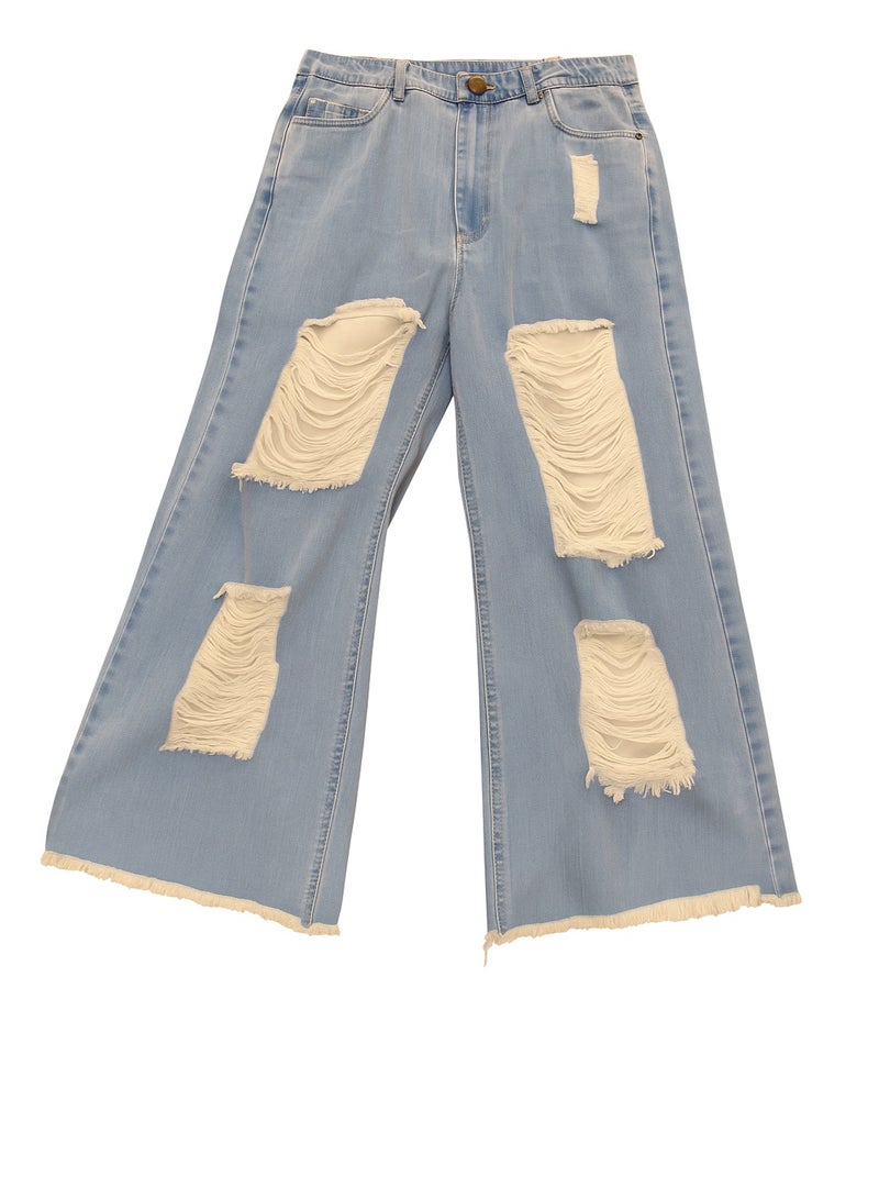 CHEVALIER FASHION Women’s Wide-Leg Distressed Patch Jeans – Trendy Light Blue Denim - Image 3