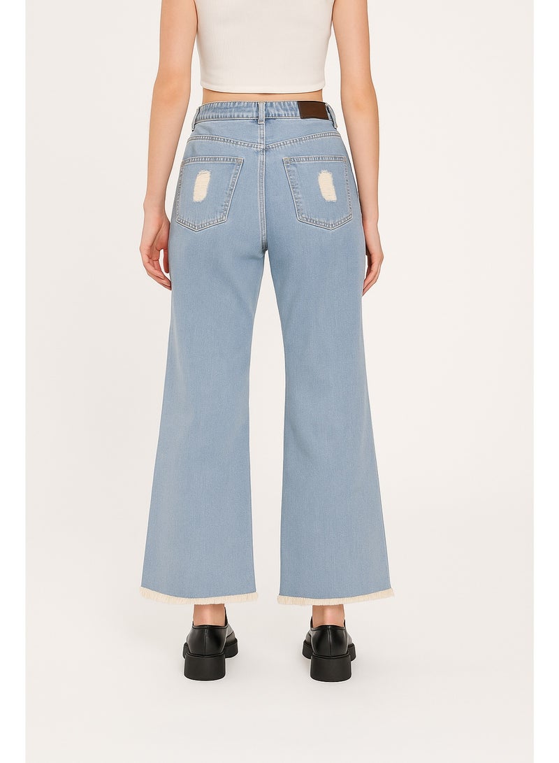 CHEVALIER FASHION Women’s Wide-Leg Distressed Patch Jeans – Trendy Light Blue Denim - Image 2